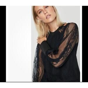 Bcbgmaxazaria Top Black Lace Long Sleeve Size M Faux Leather Trim